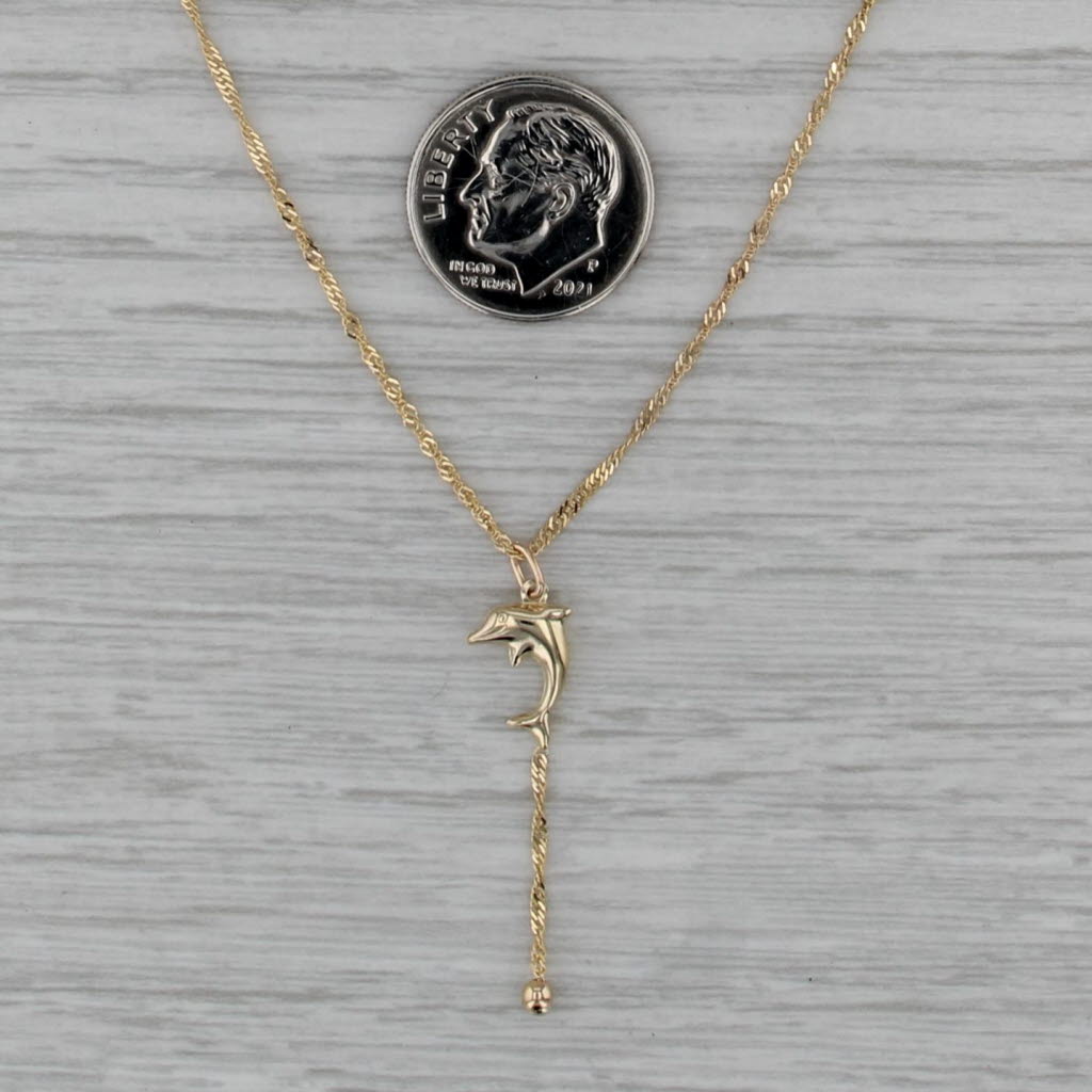 Dolphin Pendant Singapore Chain Necklace 10k Yellow Gold 17"