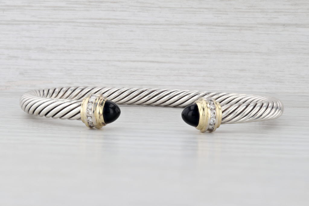 Light Gray David Yurman Onyx Diamond Cuff Bracelet Sterling Silver 18k Gold 6.5" 5mm