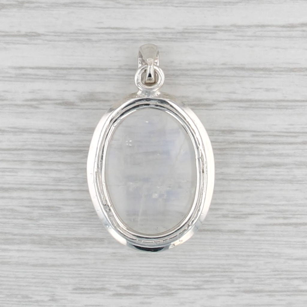 Blue Flash Moonstone Pendant Sterling Silver Oval Cabochon Statement