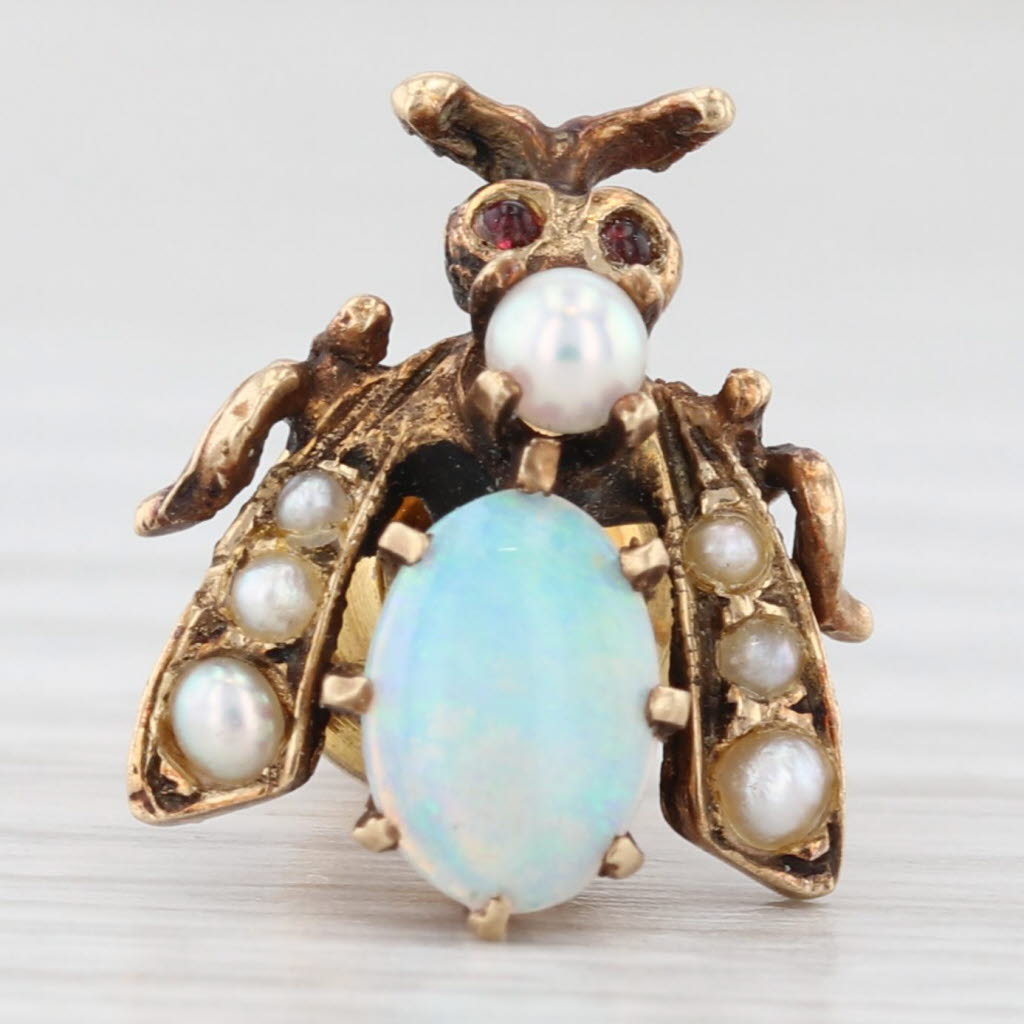 Light Gray Antique Opal Pearl Glass Bug Pin 14k Yellow Gold Lapel Tie Tac