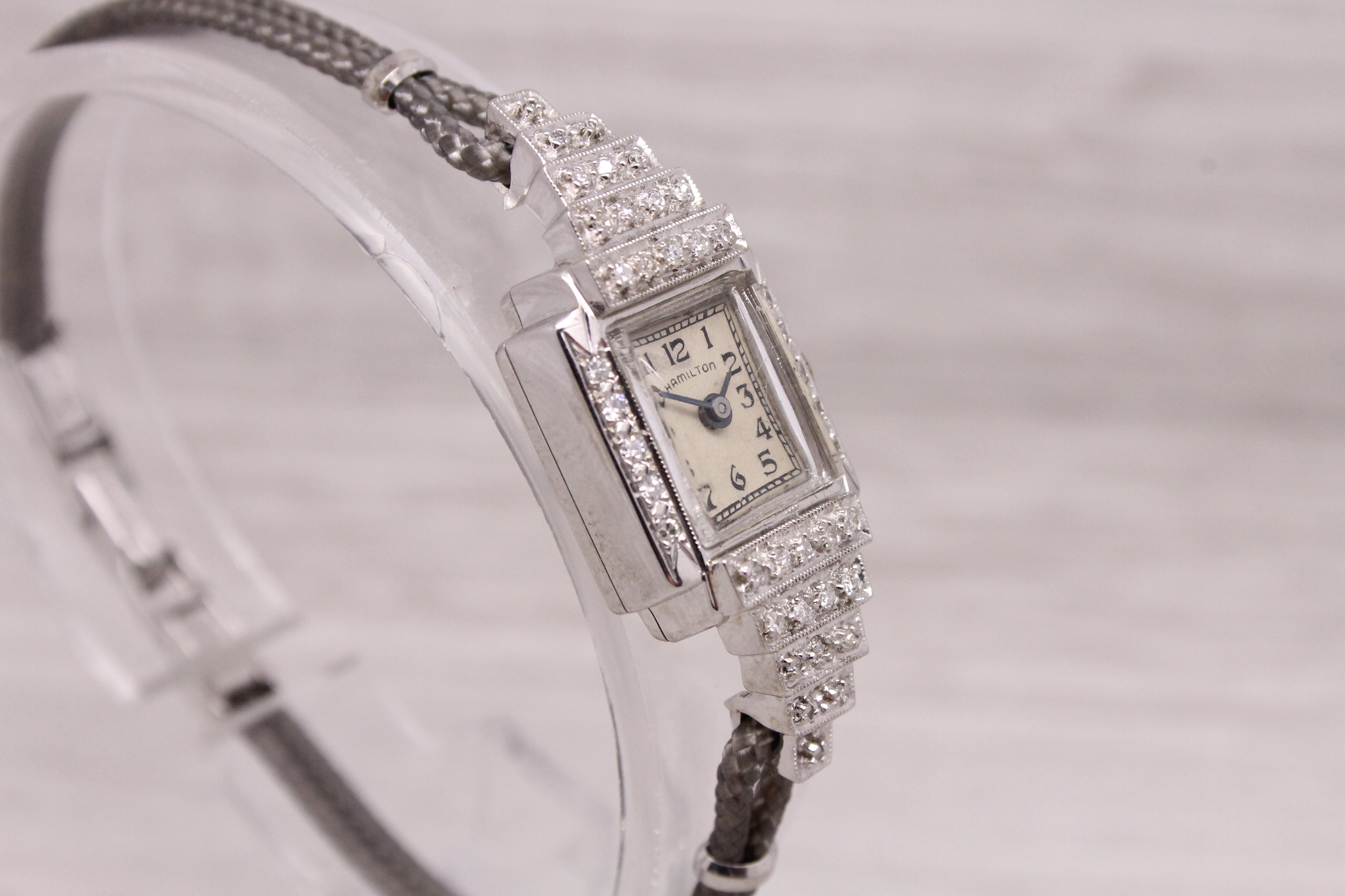 Gray Vintage c.1950s Hamilton 14k White Gold Diamond Ladies Watch 0.20ctw Stair Case