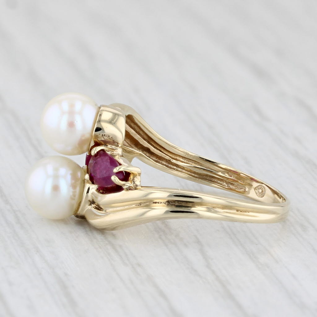 Light Gray Cultured Pearl Ruby Ring 10k Yellow Gold Size 5 Bypass