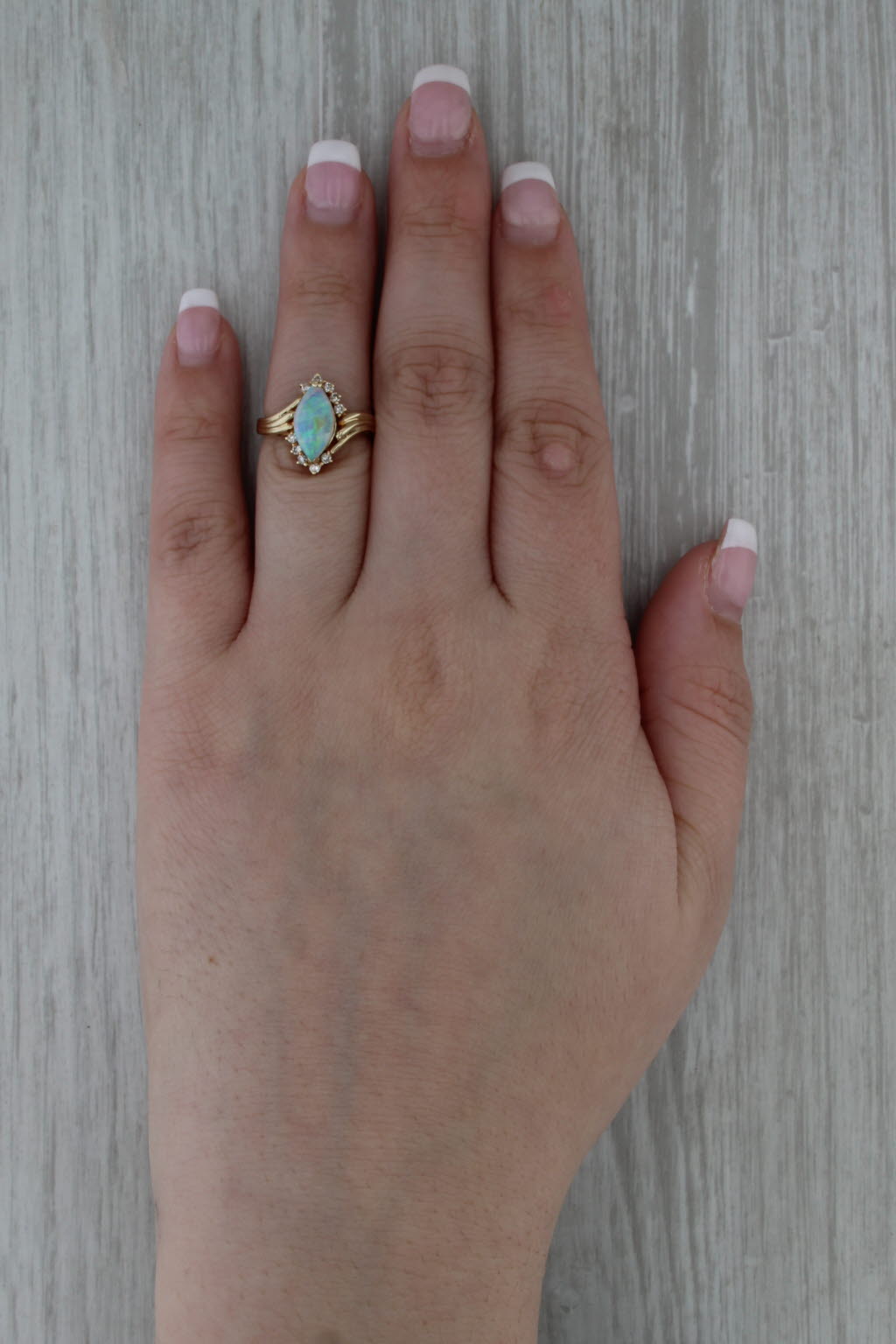 Marquise Opal Cabochon Diamond Ring 14k Yellow Gold Bypass Size 5.5