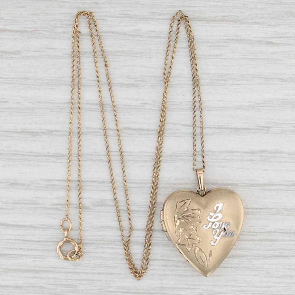 Vintage I Love You Heart Locket Pendant Necklace Gold Filled 18.75" Curb Chain