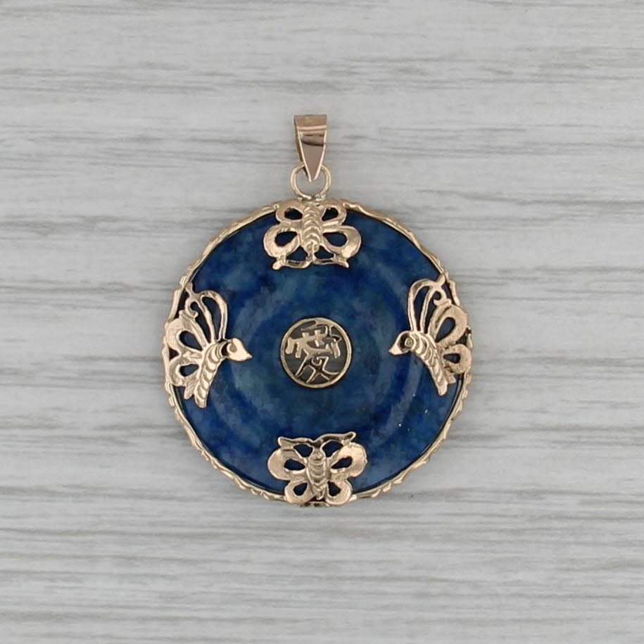 Chinese Ai Love Butterfly Lapis Lazuli Hololith Pendant 14k Yellow Gold