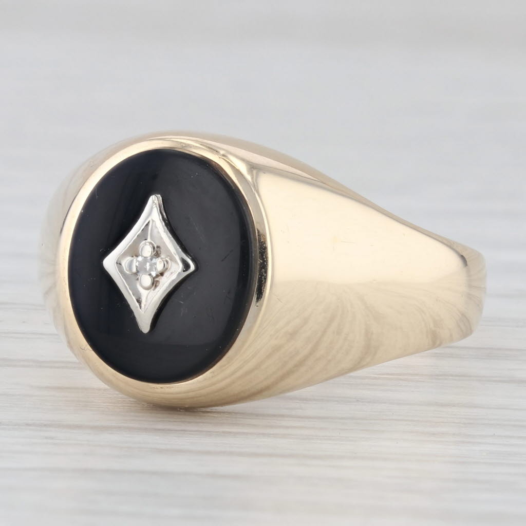 Light Gray Onyx Diamond Men's Signet Ring 10k Yellow Gold Size 12 Vintage