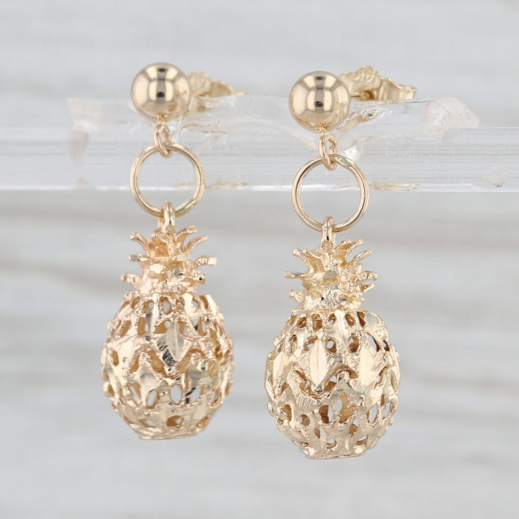 Pineapple Dangle Earrings 14k Yellow Gold Pierced Drops