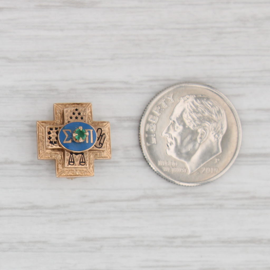 Newest Tiny Gold Sigma Pi Pin, Yellow Gold Plated, Antique Fraternity Brooch w Emerald