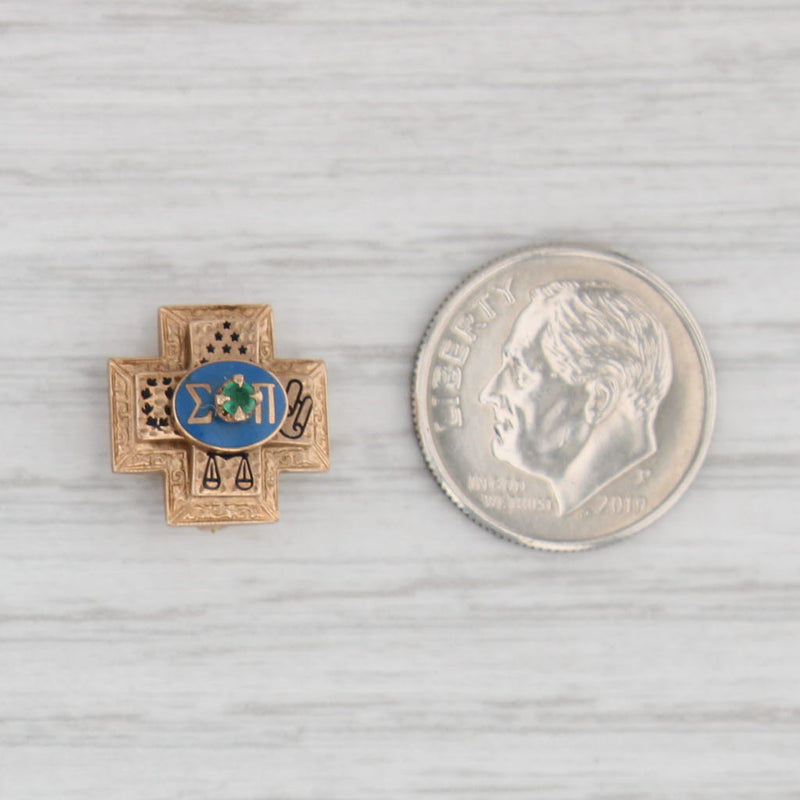 Light Gray Sigma Pi Cross Pin 10k Gold Emerald Enamel Vintage Fraternity Badge