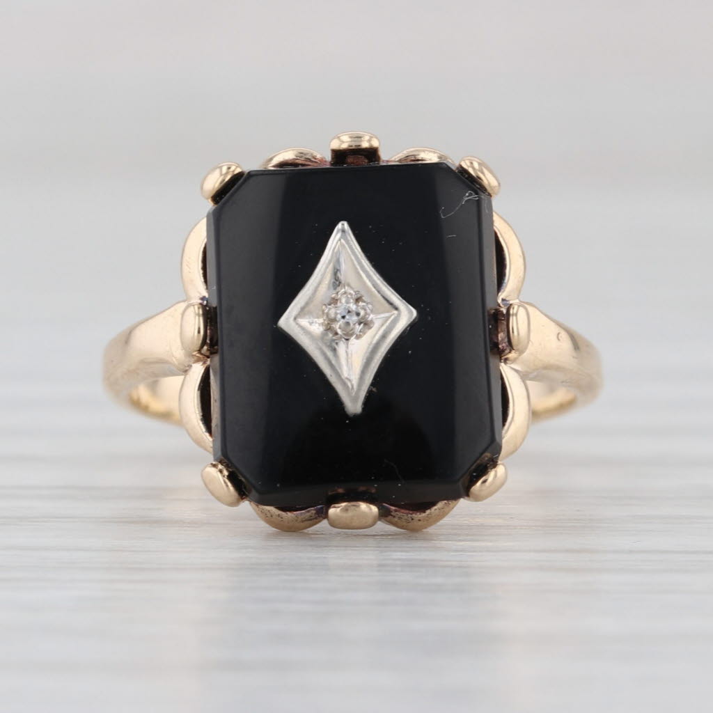 Vintage Diamond Onyx Signet Ring 10k Yellow Gold Size 5