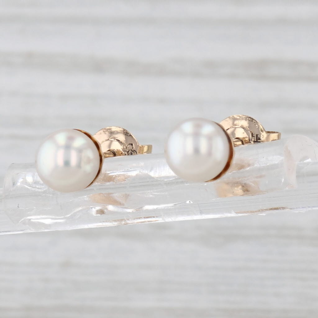Cultured Pearl Stud Earrings 14k Yellow Gold 5.2mm Round Bead Solitaire Studs
