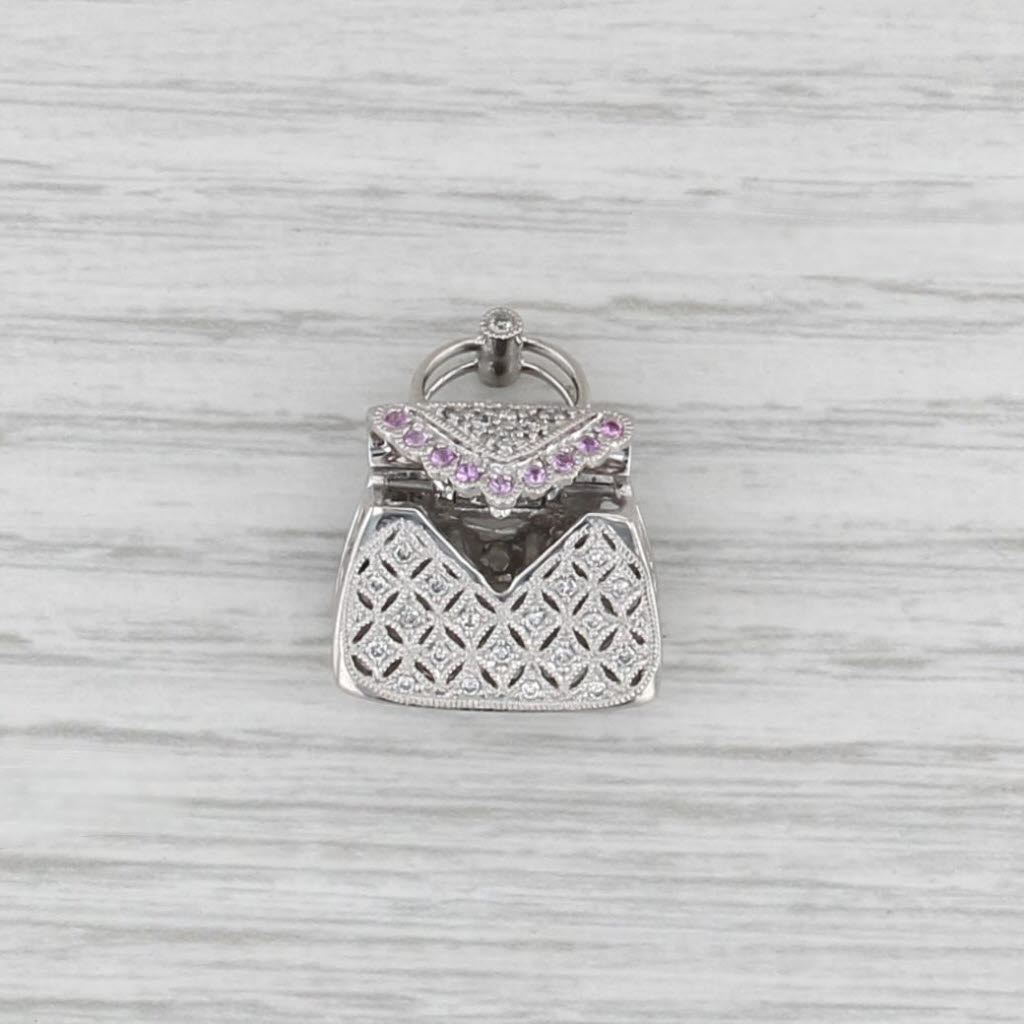 0.27ctw Diamond Pink Sapphire Purse Pendant 14k White Gold Hand Bag Charm Opens