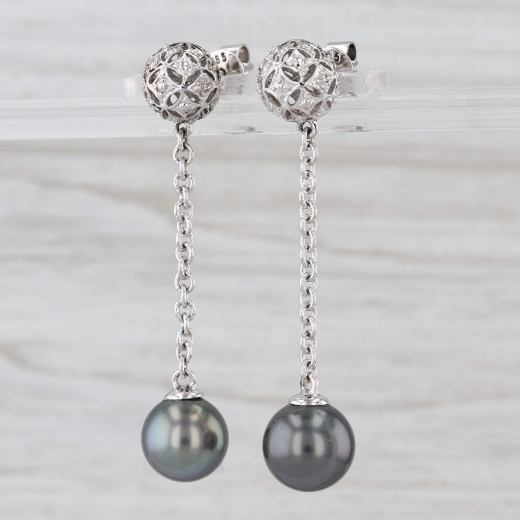 Cultured Black Gray Pearl Bead Dangle Earrings 14k White Gold
