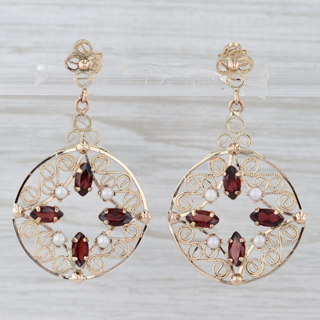 2.30ctw Garnet Seed Pearl Ornate Dangle Earrings 14k Yellow Gold Filigree