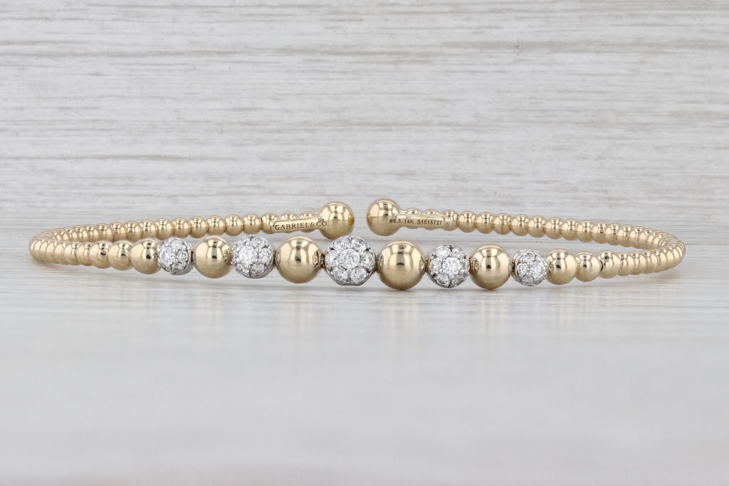 Gabriel & Co 0.37ctw Diamond Beads Cuff Bracelet 14k Yellow Gold 6.5" Flexible