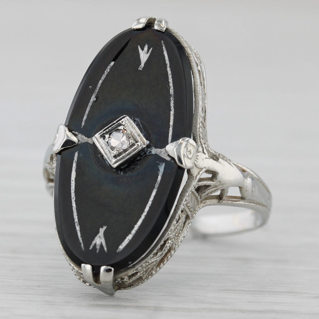 Gray Vintage Onyx Diamond Filigree Ring 14k White Gold Size 5.25