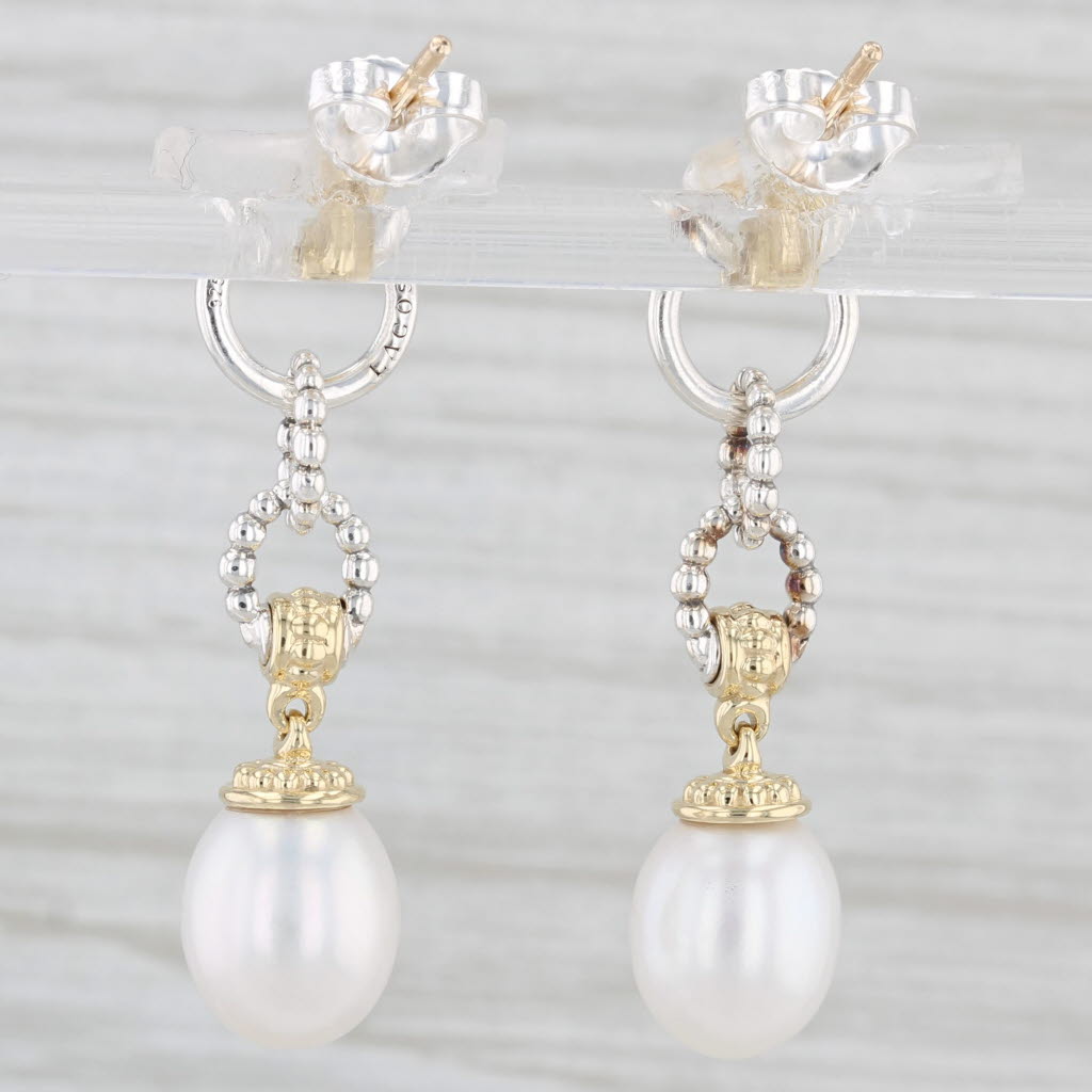 Light Gray New Lagos Caviar Luna Dangle Cultured Pearl Earrings Sterling Silver 18k Gold