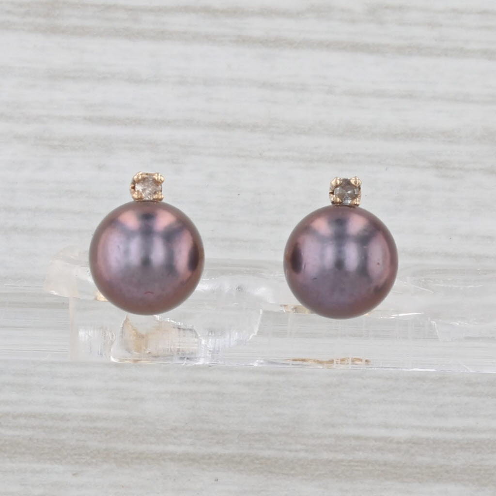Black Cultured Pearl Stud Earrings 14k Yellow Gold Diamond Accents