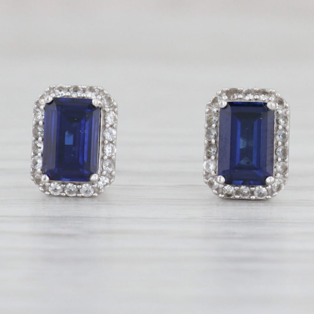 Light Gray 1.75ctw Lab Created Blue Sapphire Halo Stud Earrings 10k White Gold