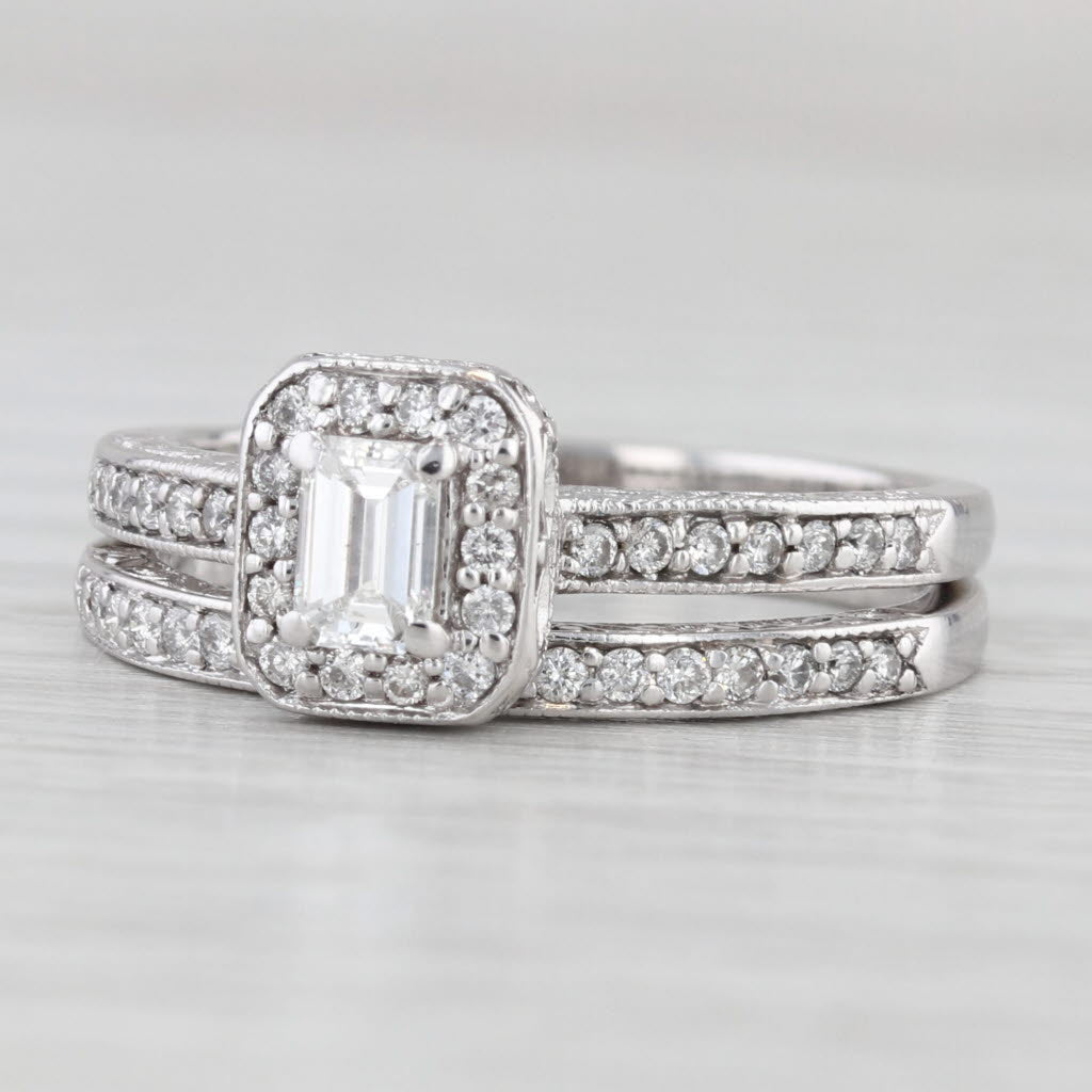 0.70ctw Emerald Cut Diamond Halo Engagement Ring Wedding Band 14k White Gold