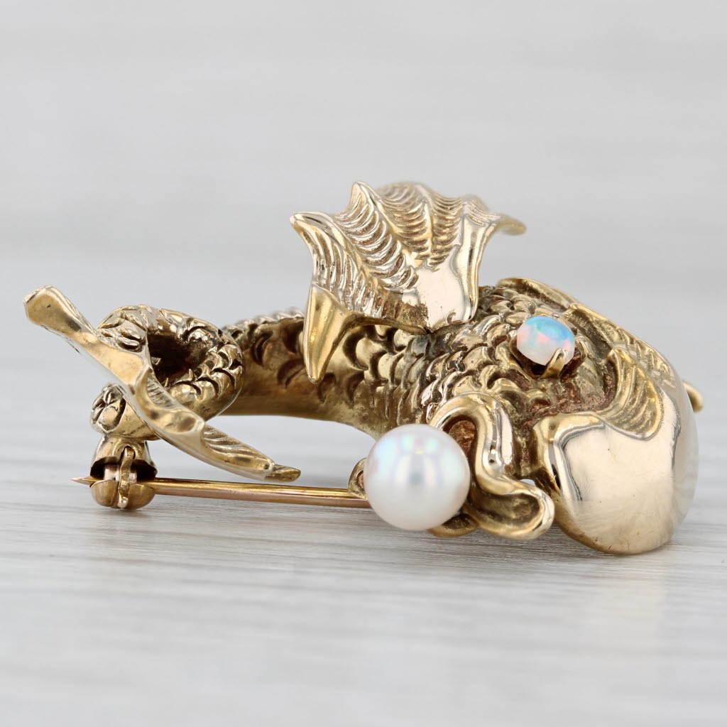 Light Gray Vintage Ornate Winged Flying Fish Opal Cultured Pearl Brooch 14k Gold Pin