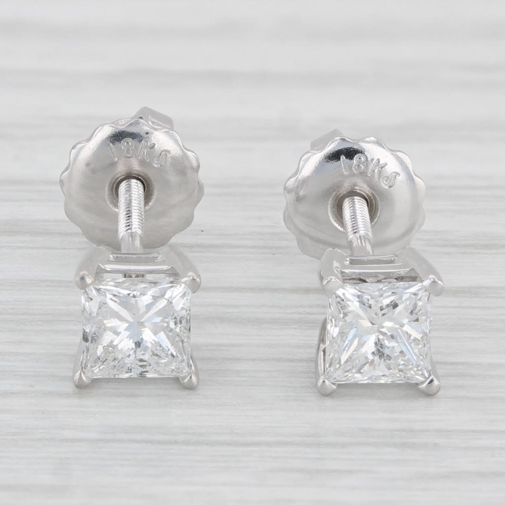 Light Gray 0.86ctw Princess Diamond Stud Earrings 18k White Gold Screw Back Pierced IGI