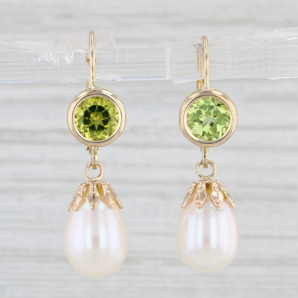 Light Gray Cultured Pearl Peridot Drop Earrings 14k Yellow Gold Lever Backs