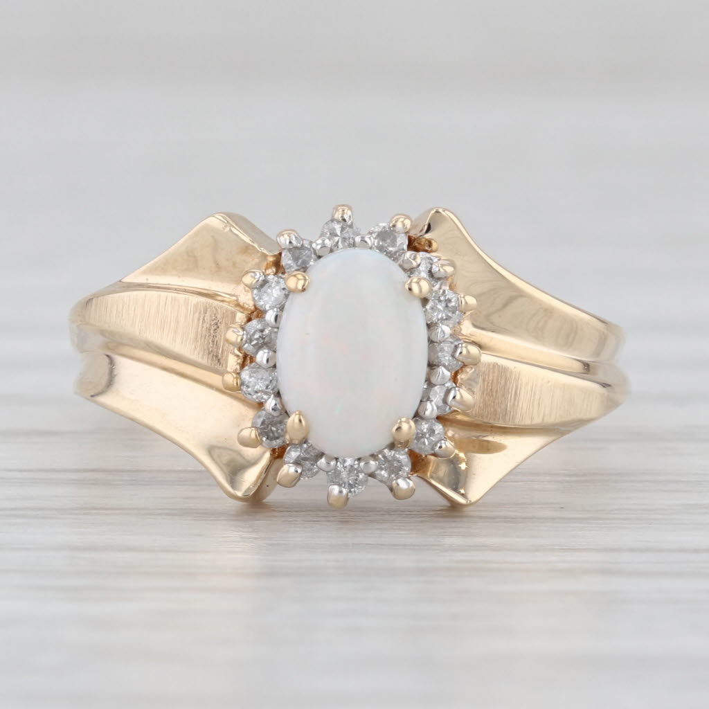 Oval Opal Cabochon Diamond Halo Ring 10k Yellow Gold Size 7