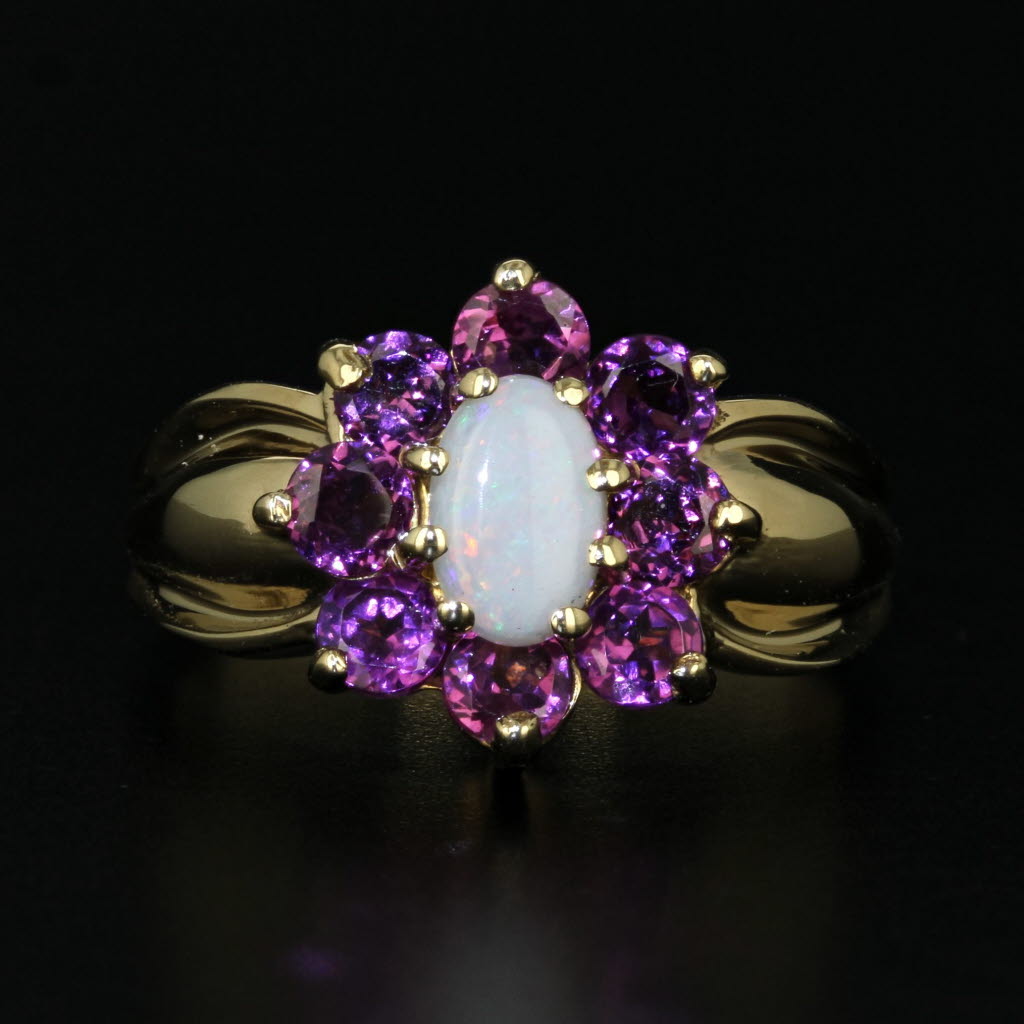 Black Opal Garnet Flower Ring 10k Yellow Gold Size 5.25