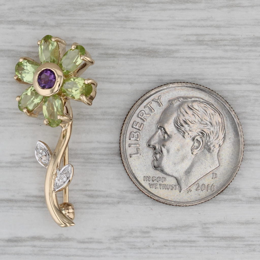 Gray 1.60ctw Amethyst Peridot Diamond Flower Pendant 10k Yellow Gold