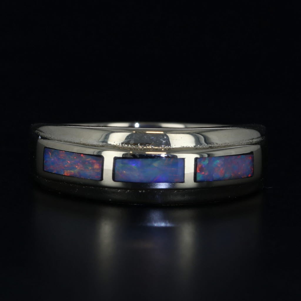 Black Multicolor Opal Inlay Mosaic Ring 14k Yellow Gold Size 7.25 Stackable Band
