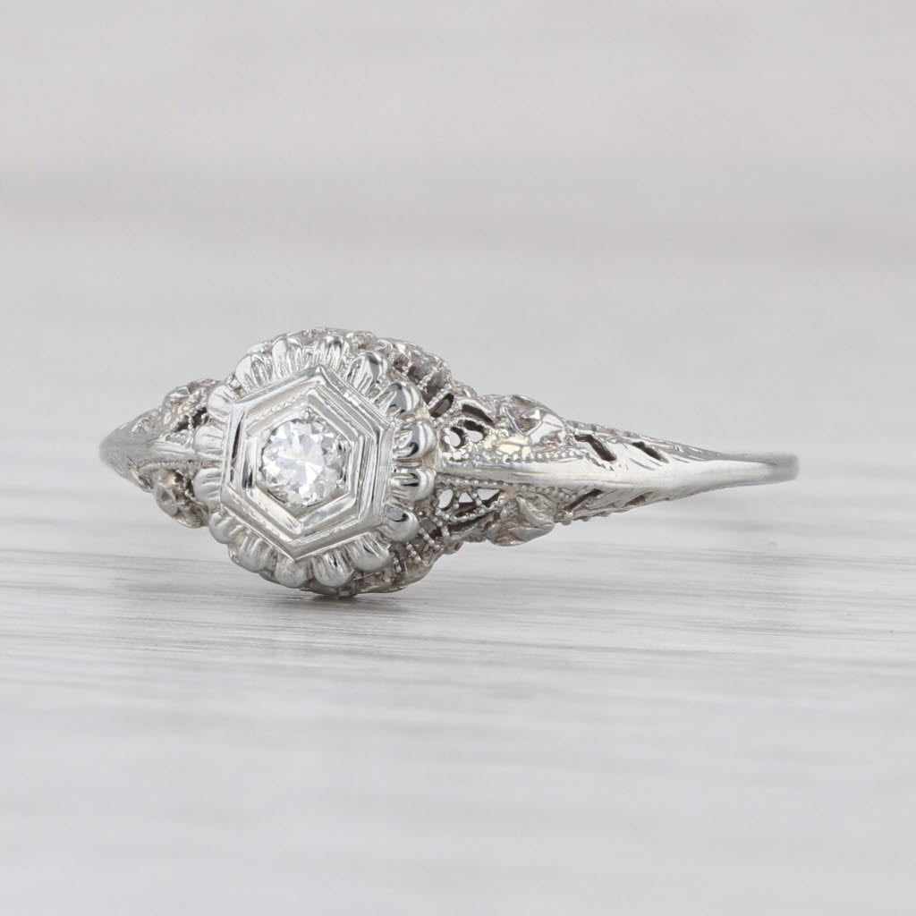 Art Deco Diamond Solitaire Ring 18k White Gold Filigree Size 11 VS2 Engagement
