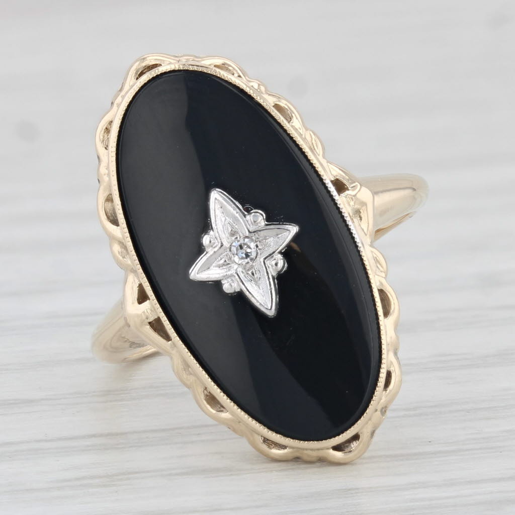 Light Gray Vintage Onyx Diamond Signet Ring 10k Yellow Gold Size 6