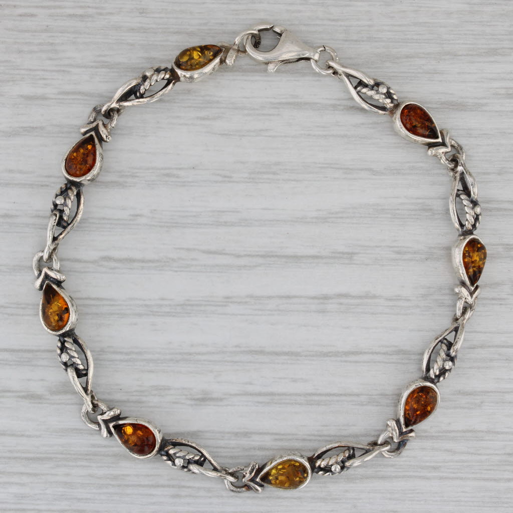 Gray Vintage Amber Bracelet Sterling Silver Pear Cabochons 7" 4.4mm