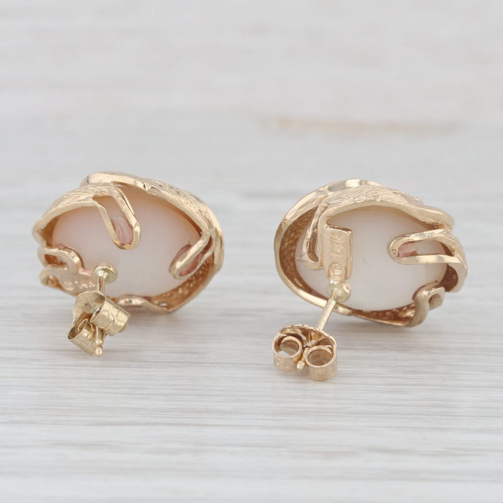 Light Gray Mabe Pearl Stud Earrings 14k Yellow Gold Cabochon Solitaires