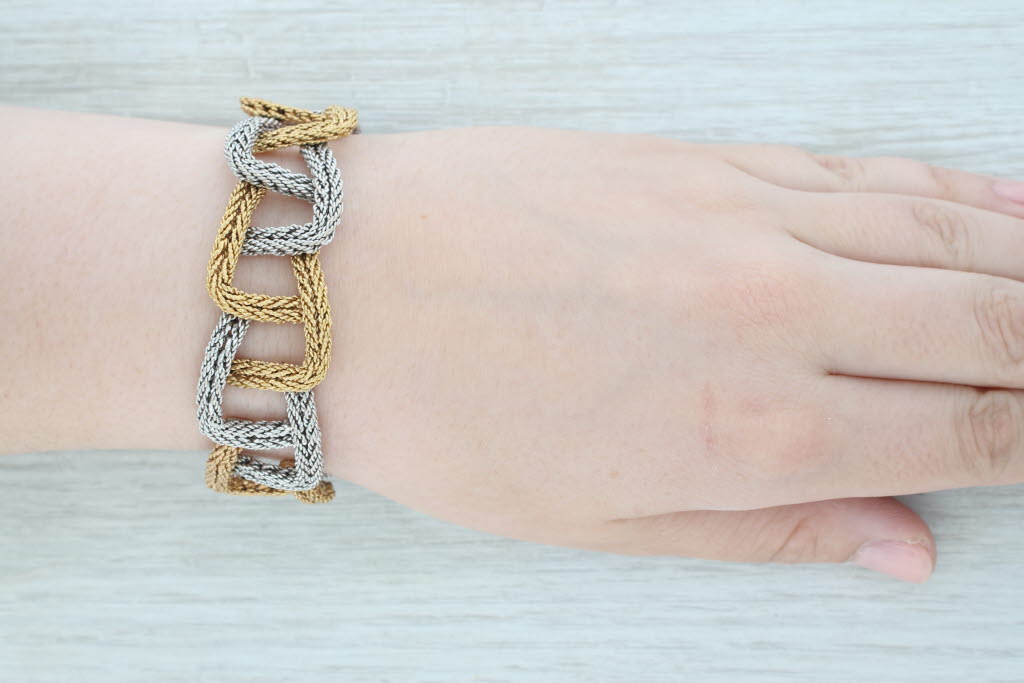 Light Gray Cartier Woven Yellow White Gold Bracelet w/ Box 18k 6.75" Designer Statement