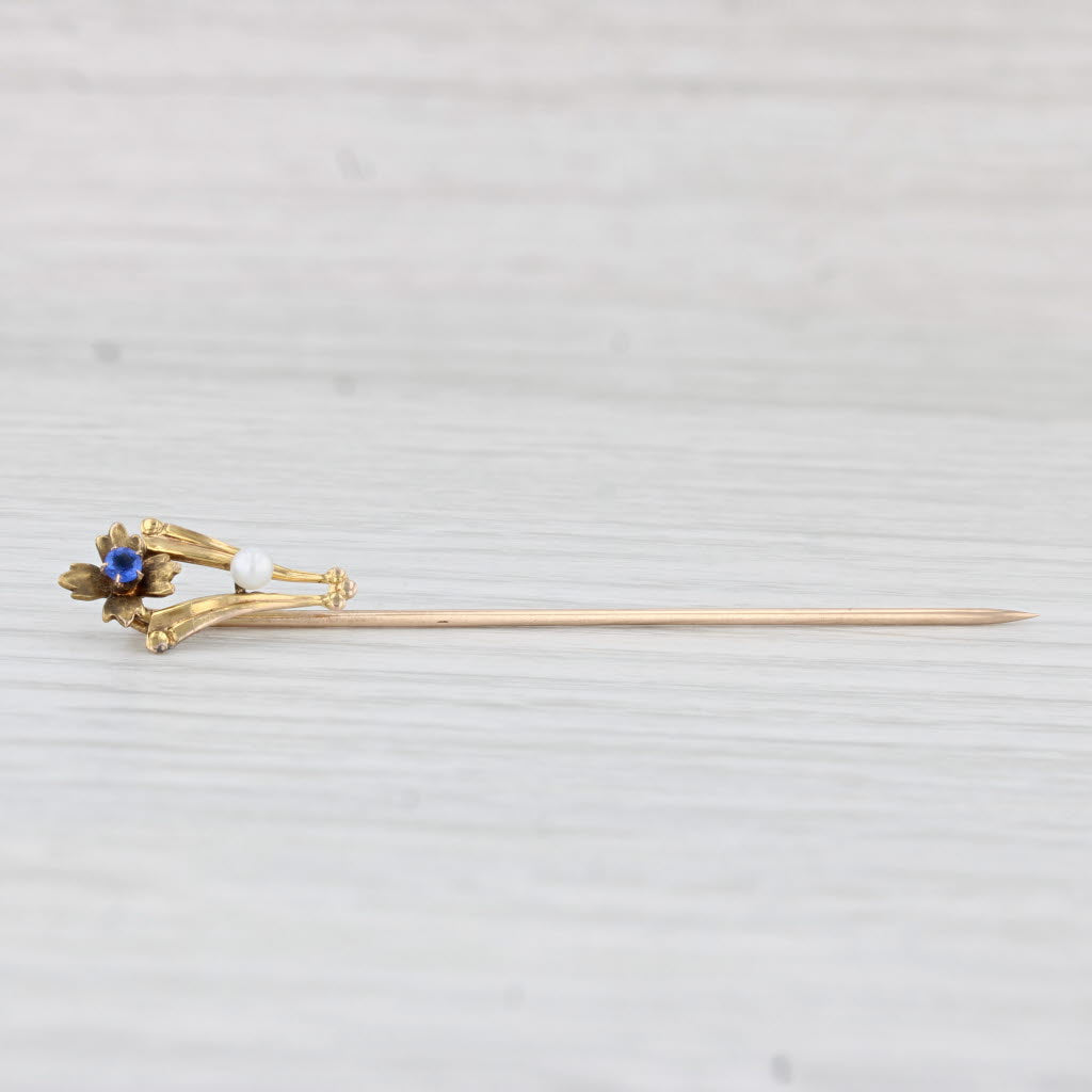 Light Gray Antique Lab Created Sapphire Pearl Flower Stickpin 10k Yellow Gold Floral