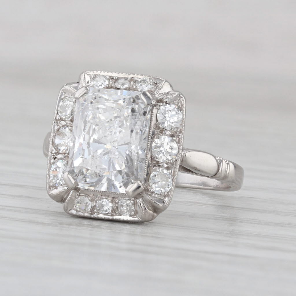 3.74ctw Rectangle Diamond Halo Engagement Ring Platinum Size 7.5 GIA E Color