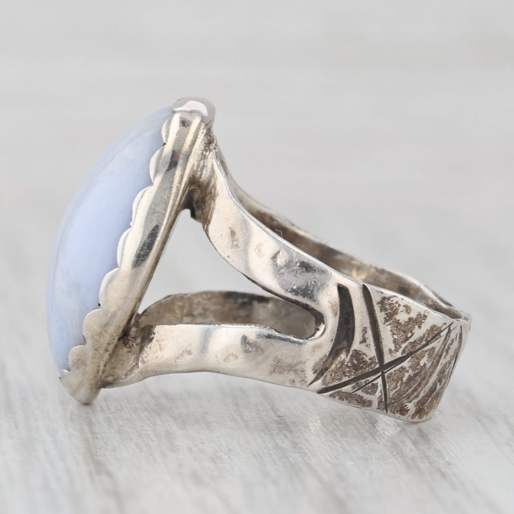 Light Gray Blue Lace Agate Oval Cabochon Solitaire Ring Sterling Silver Size 6.25 Handmade