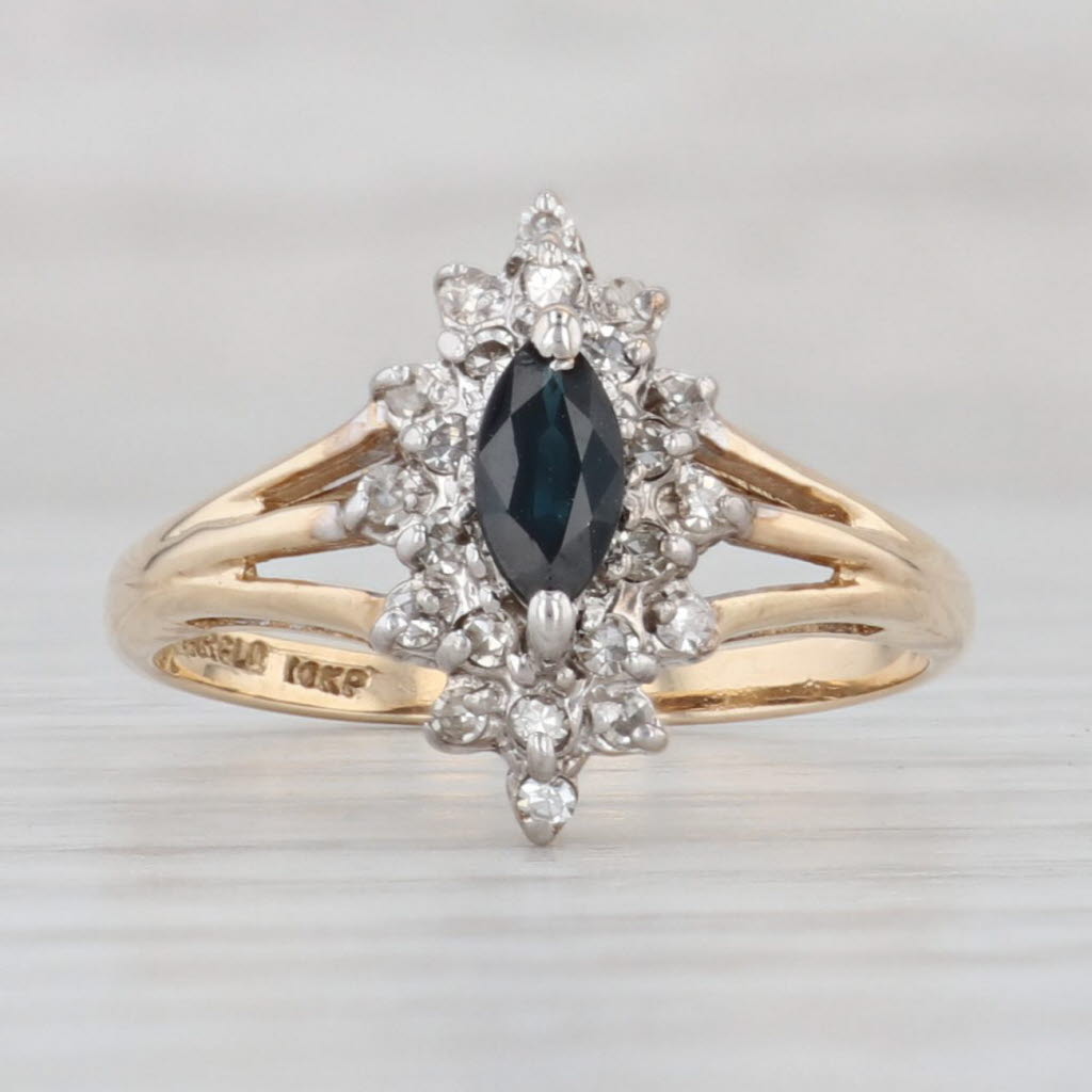 Light Gray 0.35ctw Marquise Blue Sapphire Diamond Halo Ring 10k Yellow Gold Size 6.5