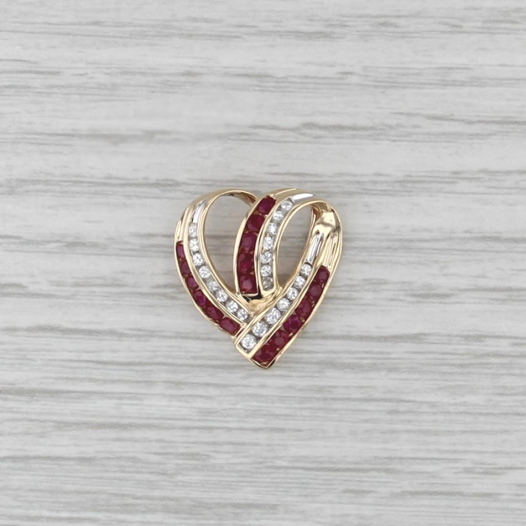 1ctw Red Ruby White Sapphire Open Heart Pendant 14k Yellow Gold