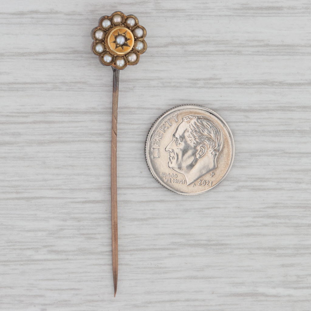 Gray Antique Pearl Flower Stickpin w/ Box 15k Yellow Gold British