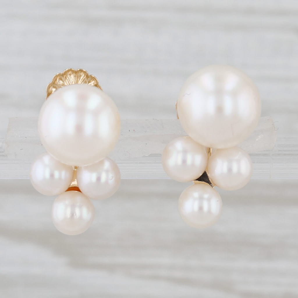 Cultured Pearl Cluster Earrings 14k Yellow Gold Screw Back Non Pierced Vintage