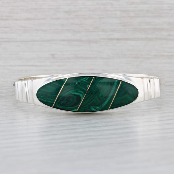 Light Gray Green Imitation Malachite Resin Bangle Bracelet Sterling Silver Taxco Mexico 7"