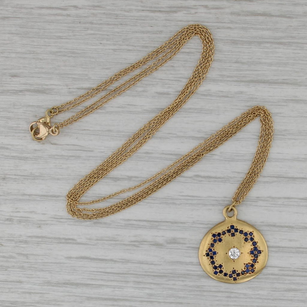 1.30ctw Sapphire Diamond Pendant Necklace 18k Yellow Gold 17" Double Curb Chain