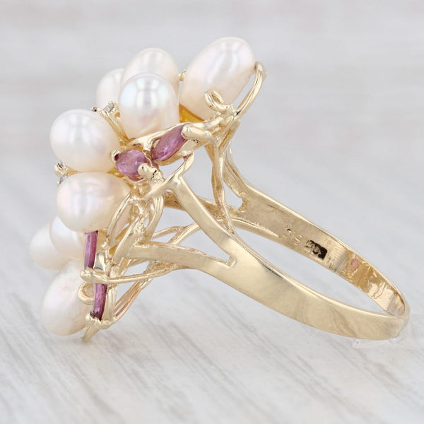 Light Gray 1.06ctw Pink Sapphire Diamond Cultured Pearl Cluster Ring 14k Gold Cocktail