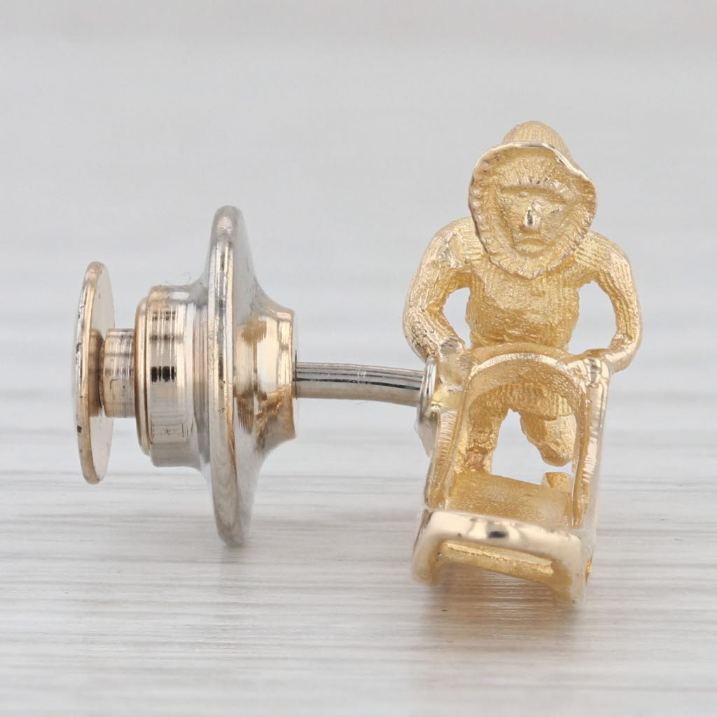 Light Gray Vintage Figure Pushing Sled Pin 10k Yellow Gold Alaskan