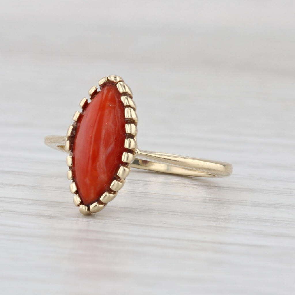 Vintage Coral Navette Cabochon Solitaire Ring 14k Yellow Gold Size 6