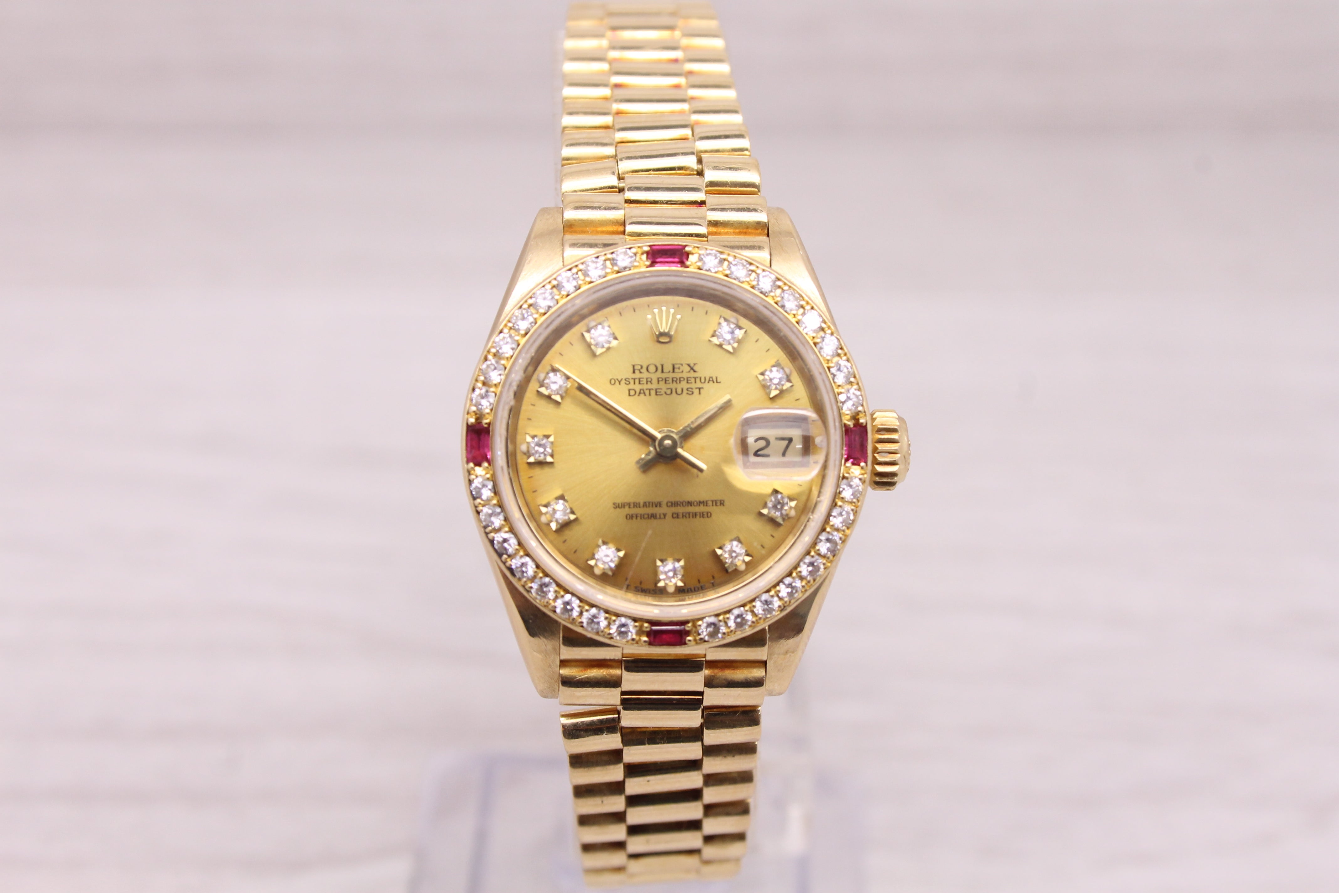 Light Gray 1990 Rolex Ladies President 69068 18k Yellow Gold Diamond & Ruby Watch Serviced