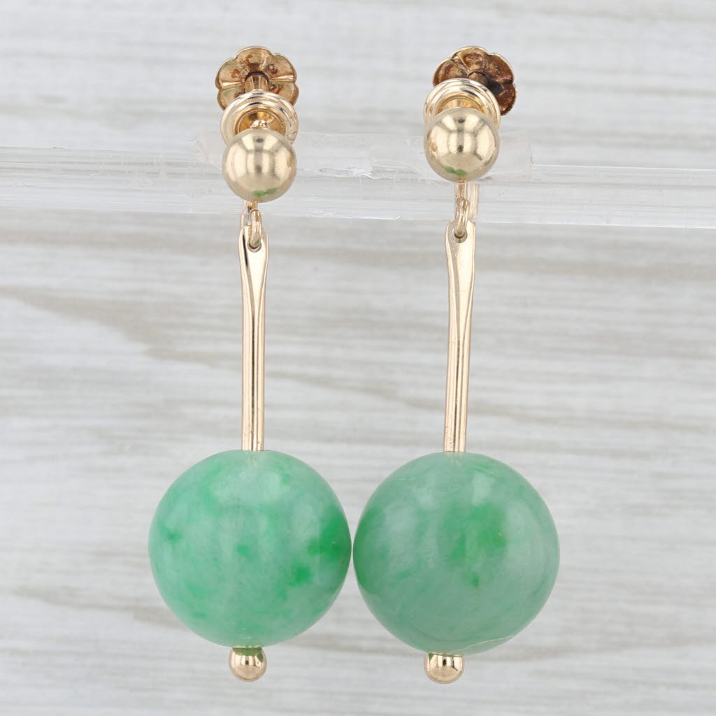 Green Jadeite Jade Bead Dangle Earrings 14k Yellow Gold Non Pierced Screw Backs
